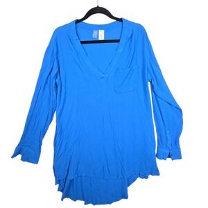 Mynah Womens Swim Coverup M Blue Long Sleeve‎ V-Neck Cruise Beach 100% Rayon